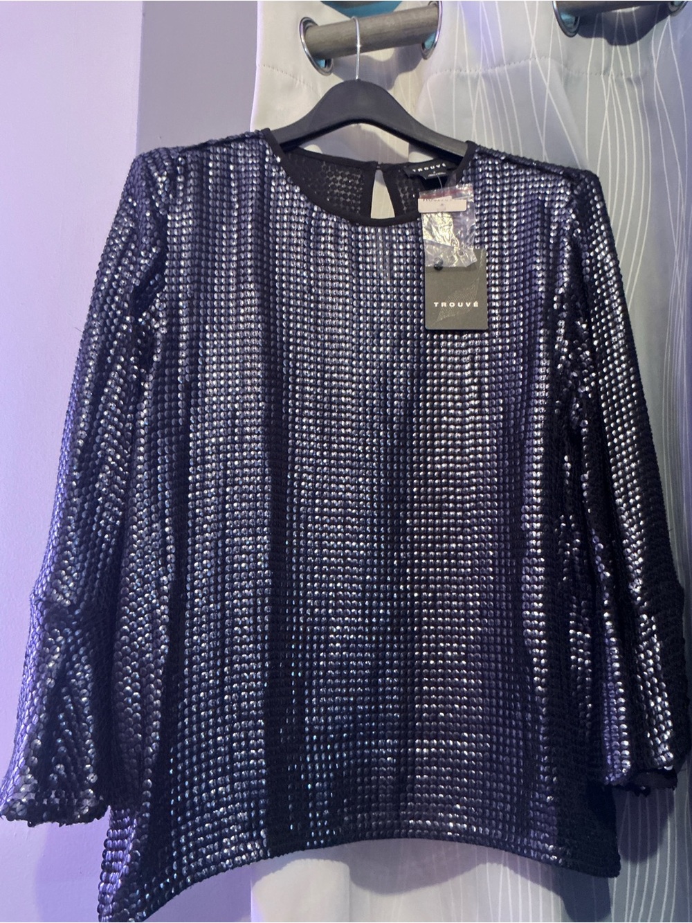 Trouvé Blouse Blue Sequins 3/4 Bell Sleeve Crew neck Size Small